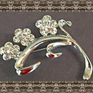 Silver Tone Flower Design Brooch With Clear Crystals Classy Style